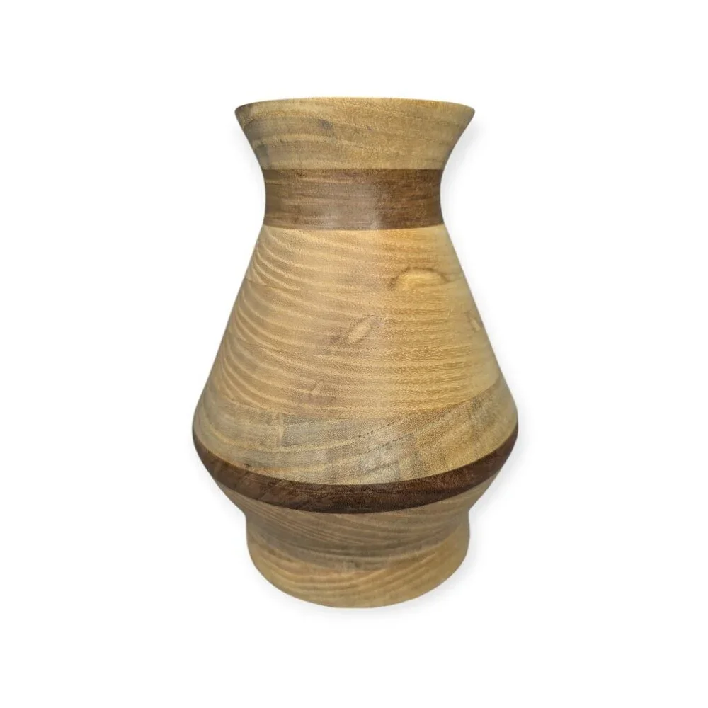 Vintage Handmade 1999 Signed Hand Turned Wood Vase Hickory with Walnut Unsealed
